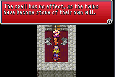 The twins turn into stone to stop the party from being crushed. Tellah can't cure them with Esuna, because they wanted to turn to stone. However, later on, the Elder of Mysidia somehow manages to free them...
